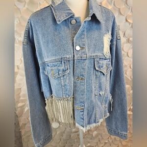 Rhinestone Fringe Distressed Denim Jacket – Cropped Glam‎ Western Vibes